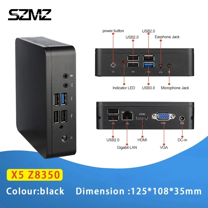 

SZMZ MINI PC X5 Z8350 1.92GHz 4GB RAM 64GB SSD Wnidows 10 Linux Support 2.5 Inch HDD VGA&HD Dual Output WIN10 Desktop Computer