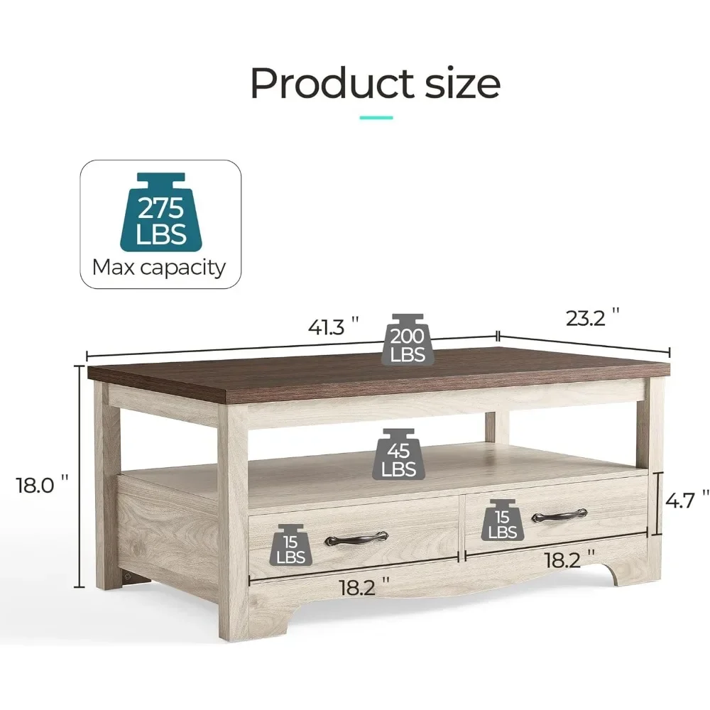 Wood Coffee Table for Living Room, Open Display Area and Storage Drawers with Metal Handles, Chic Style with Curved Base 5