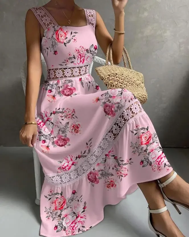 

Elegant and Pretty Women's Dresses Summer 2023 Sweet Floral Print Lace Patch Sleeveless Maxi Dress Square Neck Sleeveless Dress