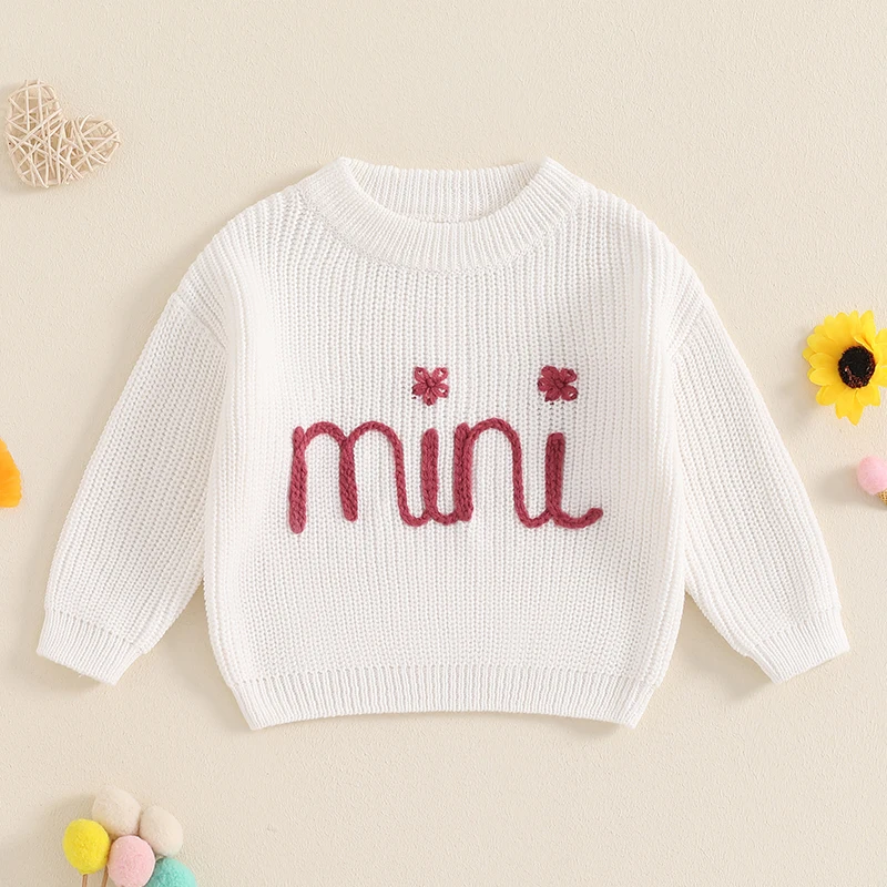 Suefunskry Family Matching Sweaters 1PC Mommy and Me Letter Embroidery Knitwear Long Sleeve Round Neck Warm Pullover Tops 2