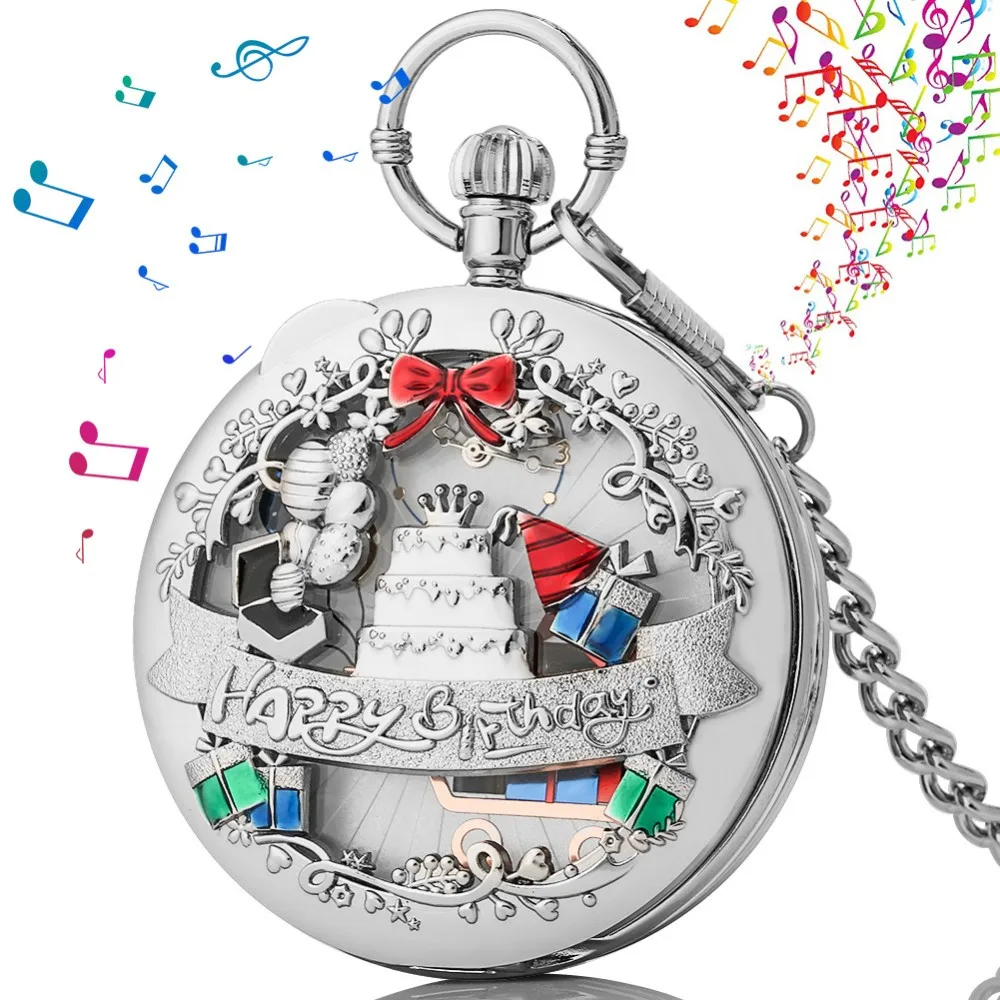 New Fashion Music Pocket Watch Luxury Hollow Quartz Collana Chain Clock Happy Birthday Hollow Lovers Regalo Da Collezione Creativo