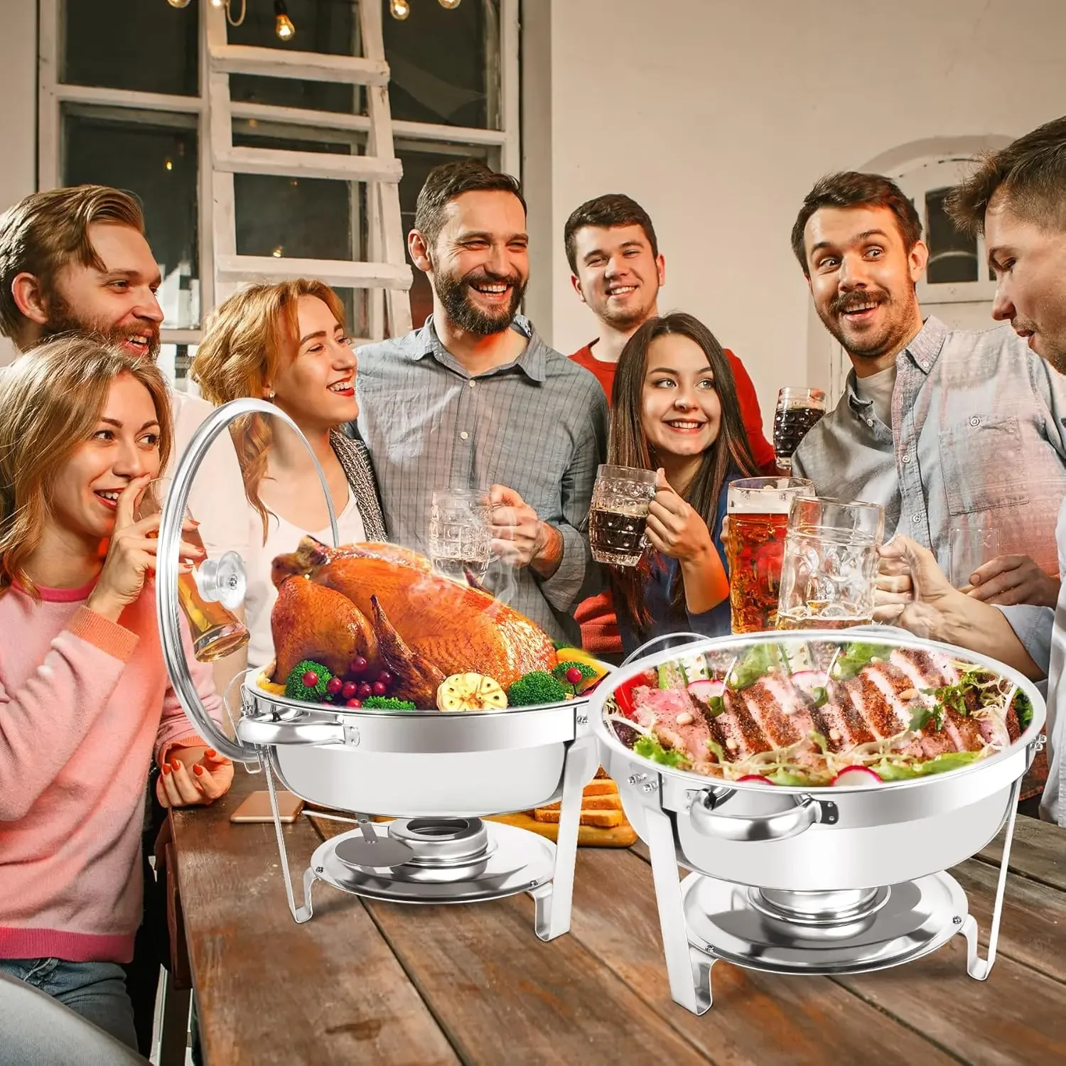 Dervipas Upgraded 4 Pack 5QT Chafing Dish Buffet Set, Stainless Steel Round Chafers for Catering with Glass Viewing Lid & Lid Ho