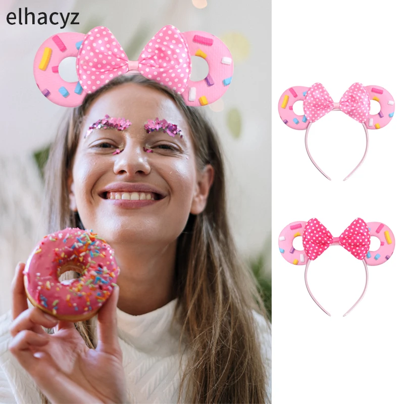 New Cute Pink Donuts Mouse Ears Headband Girls Glitter Sequins Summer Hairband For Women Polka Dot Bow Party Hair Accessories