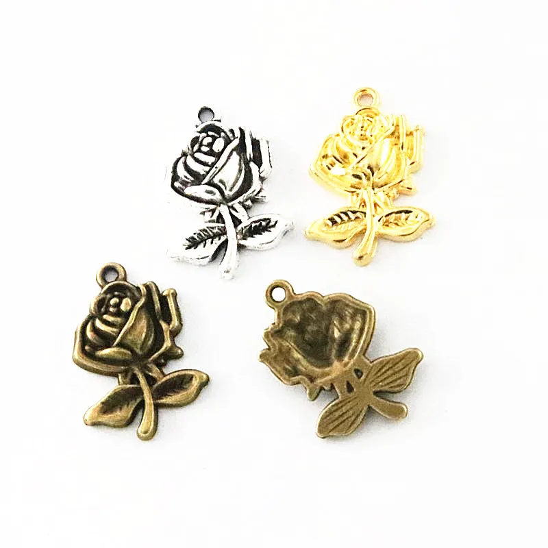 

50Pcs Vintage Antique Silver Plated Bronze Color Gold Color Rose Flower Charms Pendant Diy Jewelry Accessories