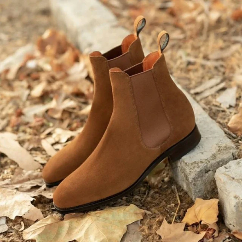 Chelsea Boots Men Faux Suede brown Classic Business Casual Versatile  British Style Slip-On Fashion Ankle Boots