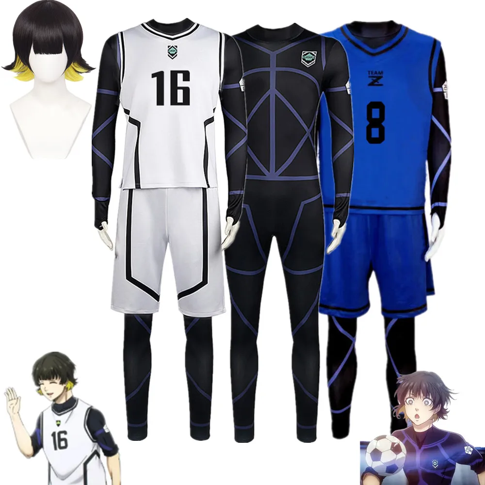 

Anime Blue Lock Meguru Bachira Cosplay Costume Blue White Football Jersey Jumpsuit Bodysuit Uniform Halloween Carnival Clothes
