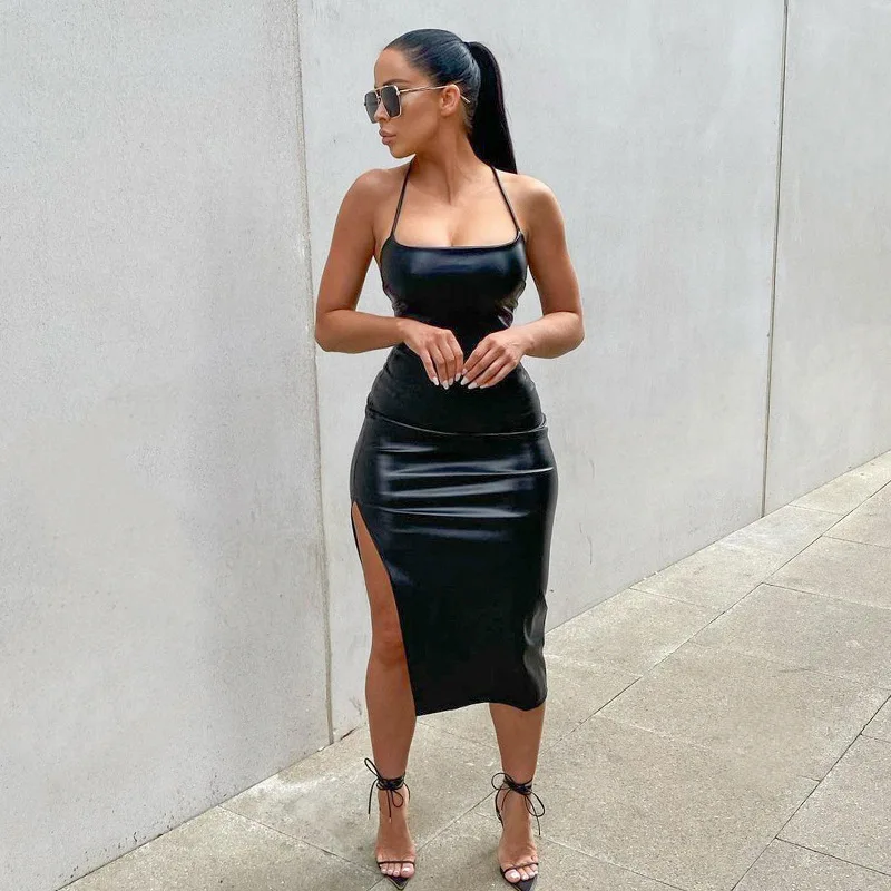 

New PU leather nightclub style sexy backless strap solid color personality split halter dress