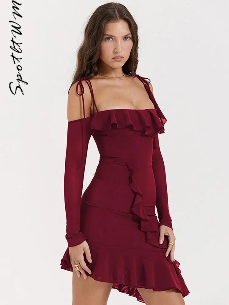 

Sexy Solid Suspender Slim Dress Women One Line Neck Long Sleeve Backless Ruffle Pleated Dresses Fashion Female Night Party Robes