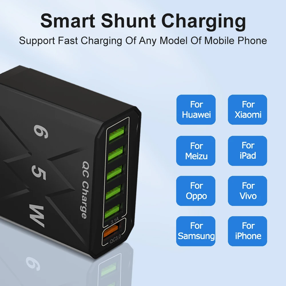Vumpach 6-Port USB Korean Plug QC 3.0 Fast Charger Adapter