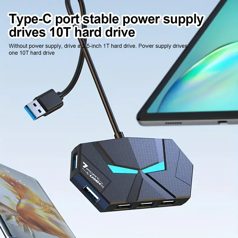 4-Port/7-Port USB Hub with Colorful Light Type-C Port for Laptops, Keyboards, Mice, U Disk & Hard Drive Expansion USB Hub