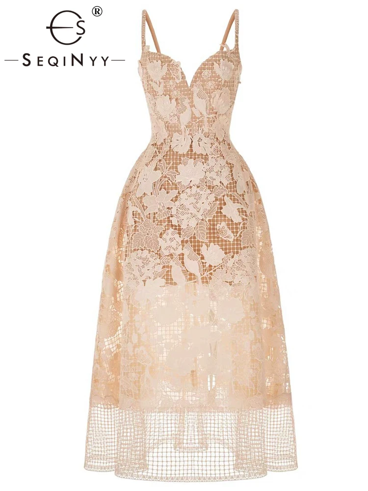 

SEQINYY Elegant Khaki Dress Midi Strapless High Quality Summer Spring New Fashion Design Women Hollow Out Plaid Lace Flower