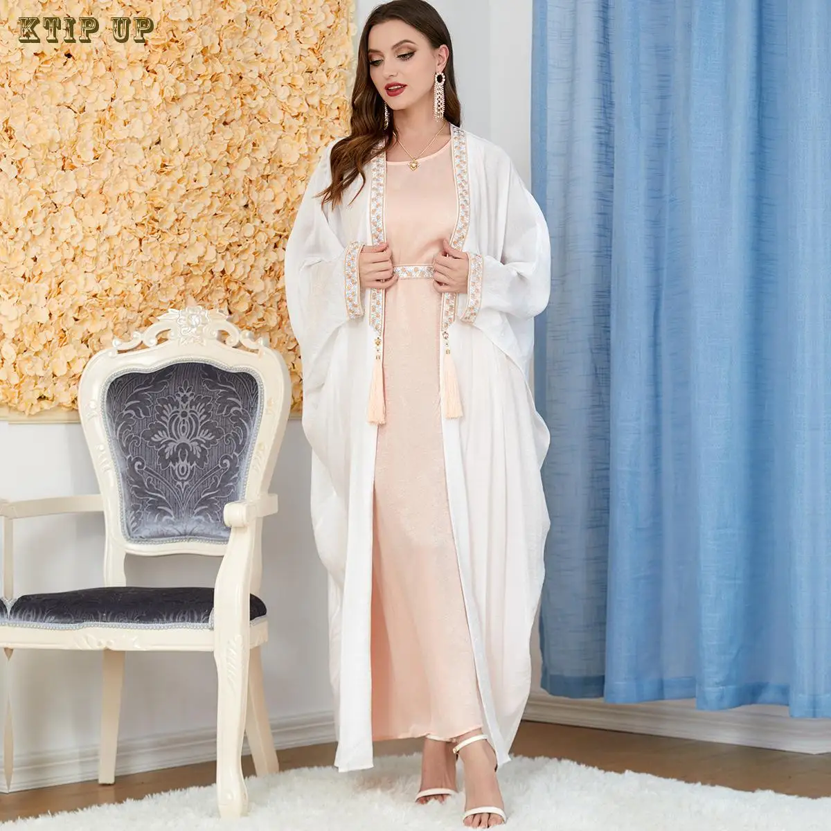 

Мусульманский женский костюм с накидкой, кафтан, Модный комплект из двух предметов в европейском и американском стиле, лоскутное платье с длинным рукавом, Абая, хиджаб, кафтан, марокканский