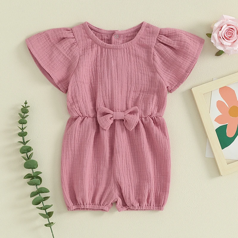 

Baby Girls Rompers Solid Color Casual Sweet Summer Clothes Crew Neck Bowknot Short Sleeve Infant Jumpsuits Playsuits