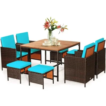 Set da pranzo da patio da 9 pezzi con sedie in vimini salvaspazio e tavolo con foro per ombrellone per uso esterno nel cortile 1