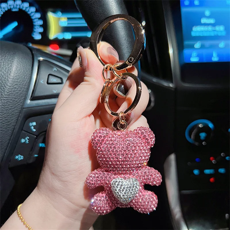 Ceramic Clay Full Diamond Love Little Bear Key chain Metal Big Ring Cute Toy Cartoon Key chain Girl Gift 5