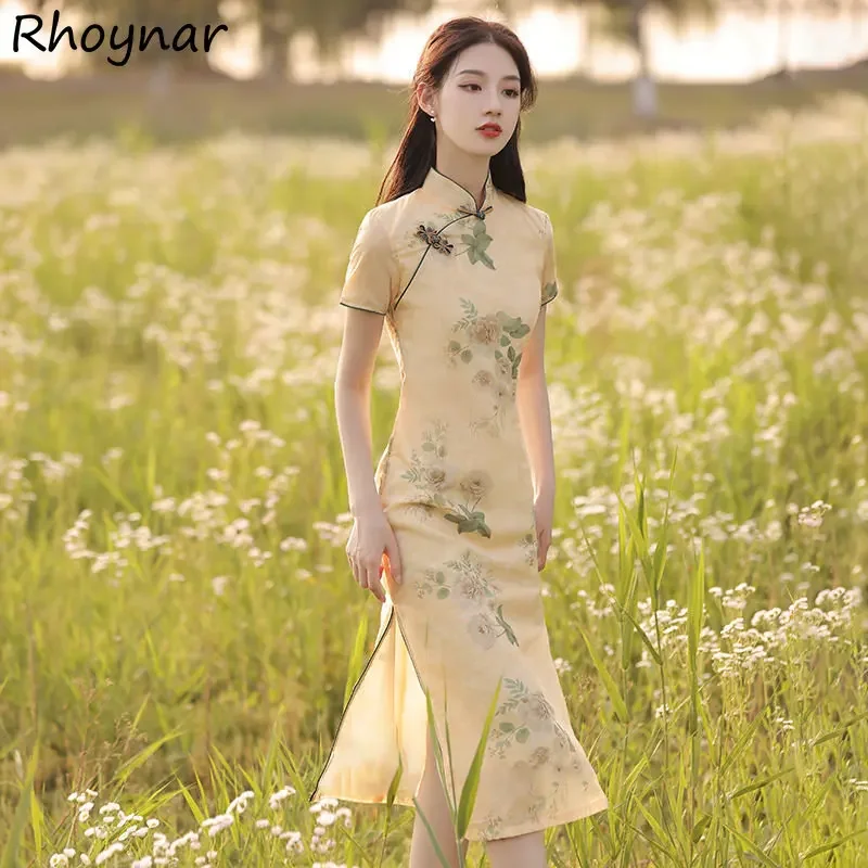 

Chinese Style Mid Dress M-4XL Women Slim Temper Aesthetics Side Slit Summer Elegant Stand Collar Printing Ladies Clothes Gentle