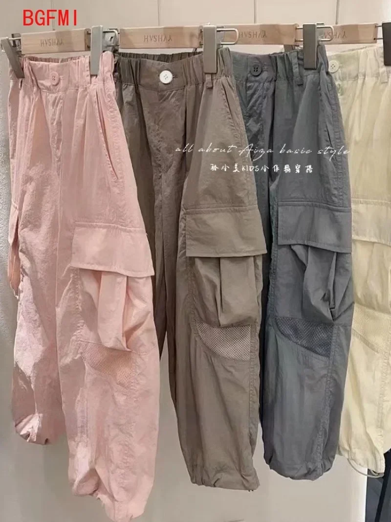 Korean Children's Clothing Pants Girl Summer Solid Color Sports Trousers Casual Cargo Pants New Thin Bottom Part for teenagers