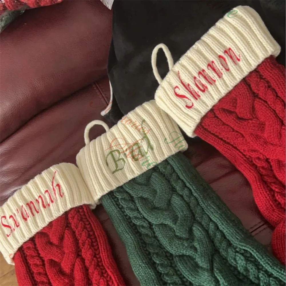 

Merry Christmas Knitted Socks Personalized Christmas Decorative Gift Bags Embroidered Name New Year Christmas Tree Pendant Socks