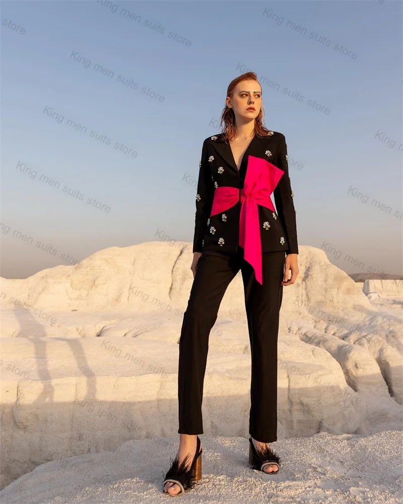 

Black Crystals Women Suit Pants Set 2-Pieces Blazer+Pants With Bow Wedding Tuxedos Formal Office Lady Jacket Tailored Coat