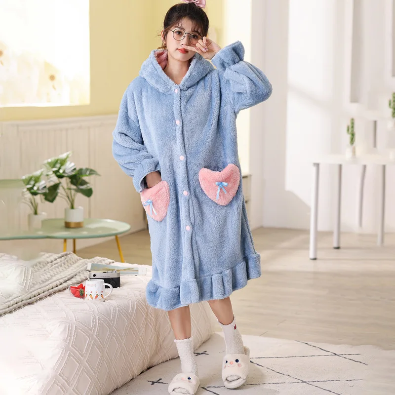 Women Winter Flannel Pajamas Set Fleece Hooded Nightgown Thick Warm Velvet Female Sleepwear Homewear Sweet Lovely Nightdress