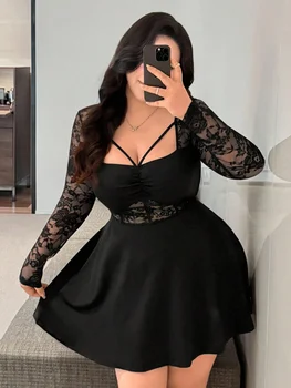 Plus Size Womens Dress Lace Long Sleeve Ruched Dress Lace Mini Dress Fit Casual Chic Apparel Dresses Spring Summer Daily Dress 1