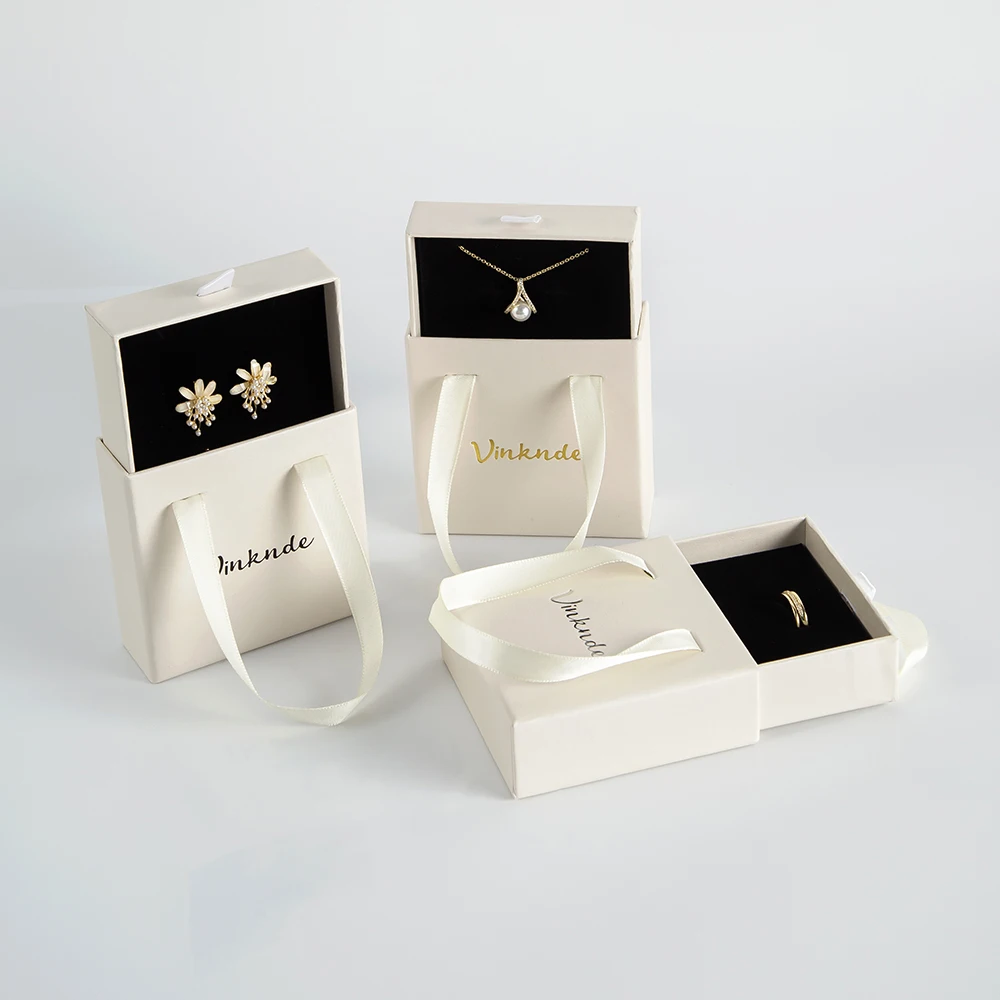 100-Pack Custom Logo Luxury Sliding Handle Beige Cardboard Drawer Packaging Bracelet Jewelry Gift Box for Ring Earring Necklace