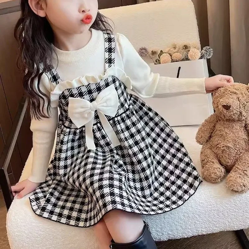 

Girls' Autumn Winter New Fashion High Neck Pullover Long Sleeve Plaid Casual Versatile Western Kids Children's Clothing Dresses
