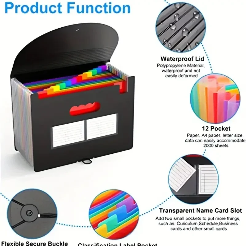 File folder organizer 12 Pockets A4 Size Expanding Portable Accordian File Box for Classroom Office