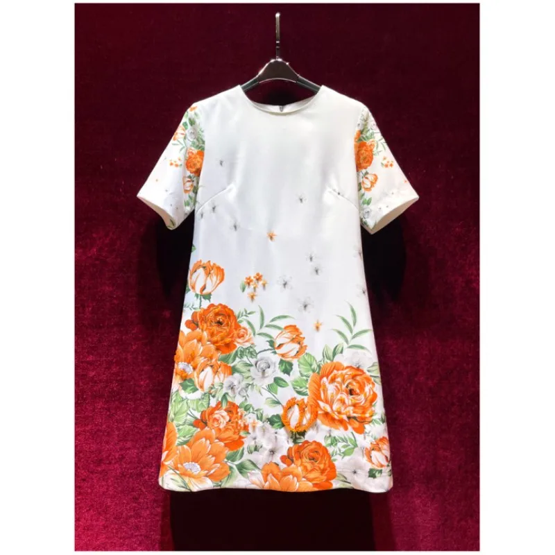 

2024 Fashion print beaded loose short sleeve elegant A-line dress
