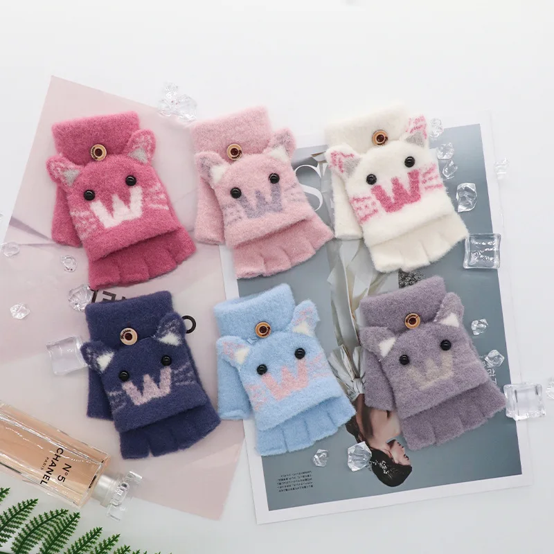 Autumn Winter Warm Gloves Flip Cover Fingerless Gloves Soft Kids Girl Cute Cartoon Half-finger Knitted Plus Velvet Riding