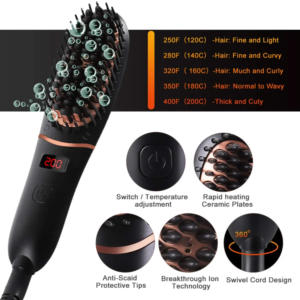 Mini Ceramic Hair Straightener Brush for Women Men Fast Heat Rechargeable Negative Ionic 5 Level Temperature Beard Hair Styler 2