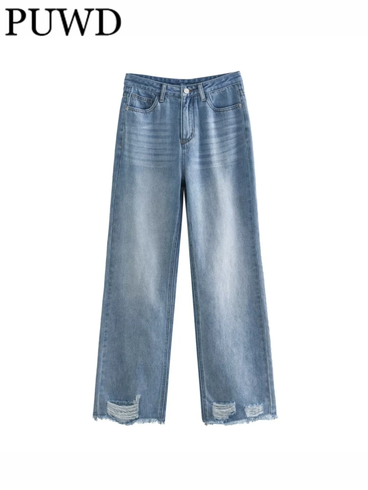 

PUWD Women Chic Fashion Personality Tassels Wide Leg Jeans 2023 Spring Casual High Waist Zipper Fly Female Trousers Mujer