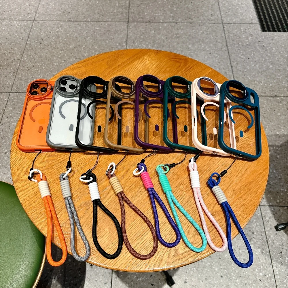 Magnetic Fold Lens Stand Case with Wrist Strap & Flip Glass Protection Cover