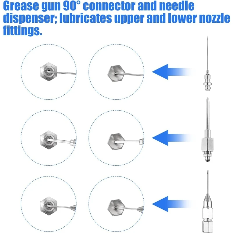 Grease Guns Needle Nozzle Couplers Fittings, 90 Degree Lubrication Tool Suitable for Hard to Reach Fittings Repair Shops