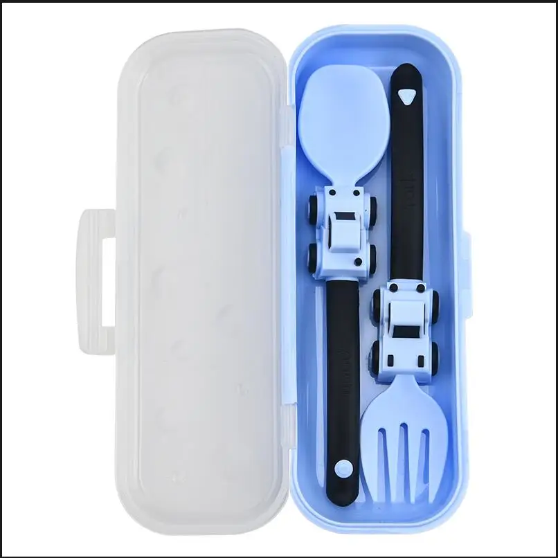 Learning Spoons Fork Spoon Set Baby Cutlery 7 colours Children Cute Cartoon Racing Fork And Spoon Set Baby Children Cartoon Fork Spoon Self-feeding Tableware Easter Gift