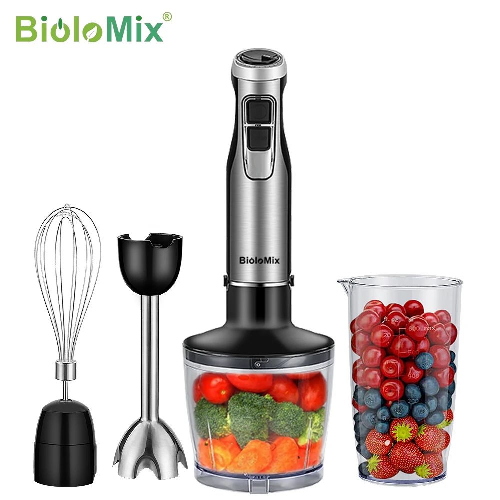 BioloMix-Alta Potência Imersão Mão Vara Liquidificador, Incluindo Chopper e Smoothie Cup, Lâminas De Gelo De Aço Inoxidável, 4 em 1, 1200W