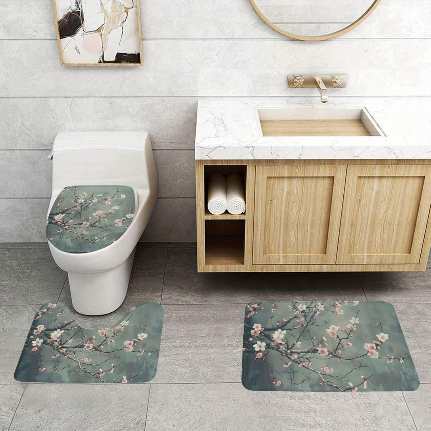 RV 3pcs Cherry Flowers Bathroom Rug Set, Contour Toilet Rug, Bathmat and Toilet Lid Cover, Soft, Home Goods 3