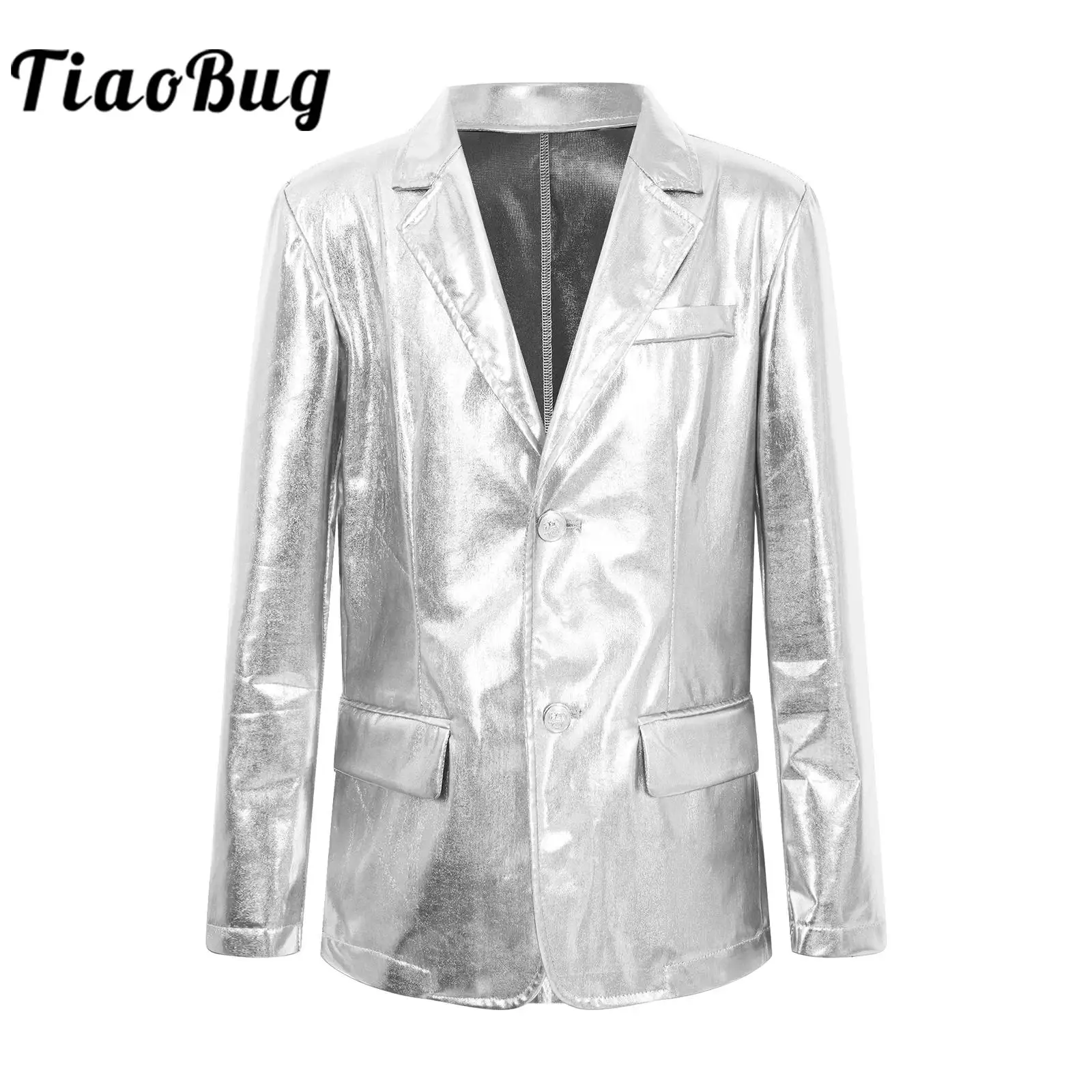 

Kids Boys Metallic Shiny Blazer Wedding Birthday Party Tuxedo Long Sleeve Suits Jackets for Circus Magic Shows Costume Outerwear