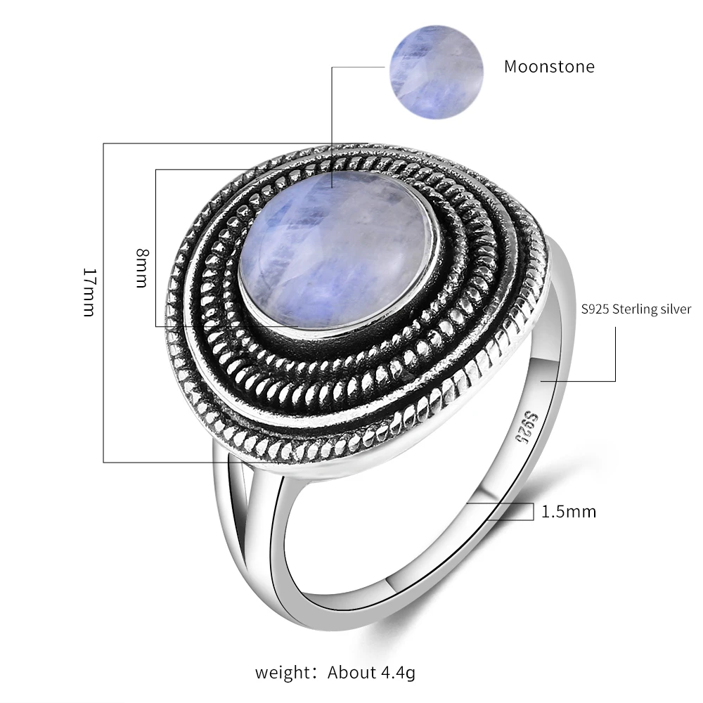 Women's 8MM Round Natural Moonstones S925 Sterling Silver Ring Vintage Style silver rings silver ring