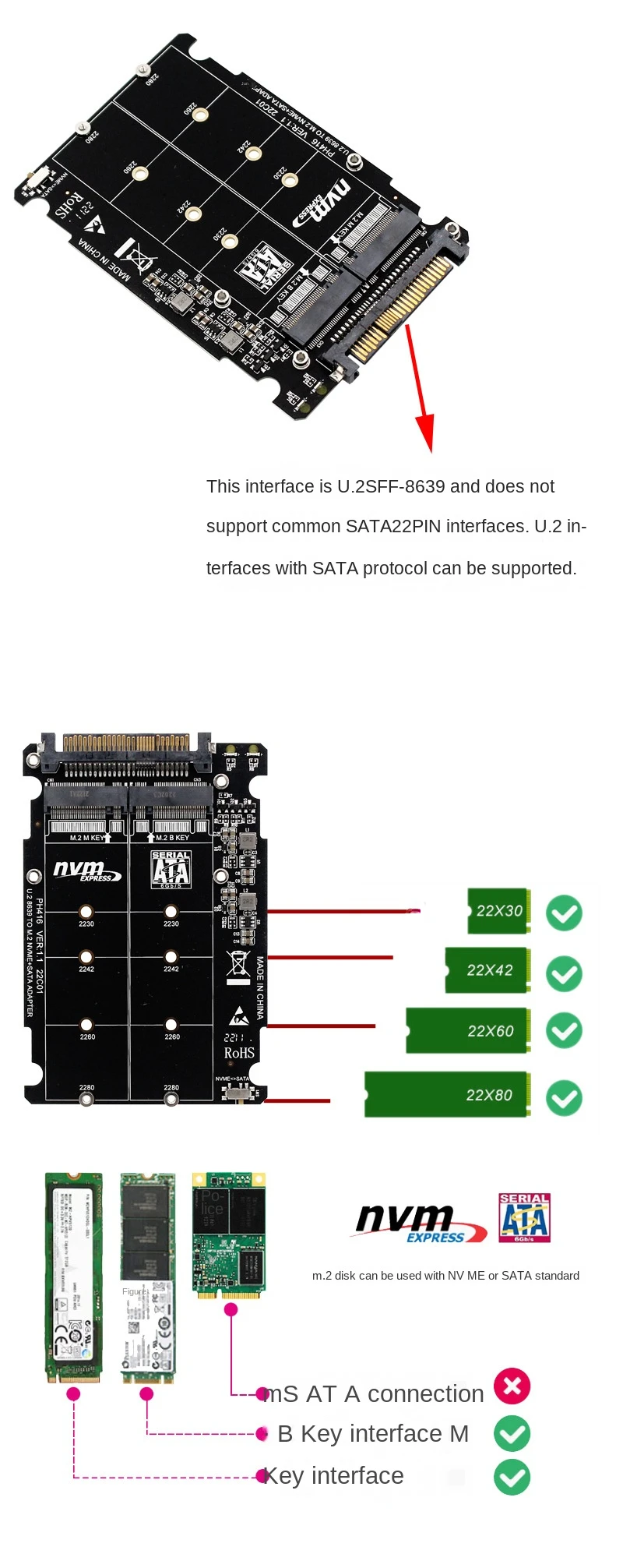 SFF-8639 NVME U.2 To NGFF M.2 M Key & B Key SSD Adapter PCIE3.0 X16 GEN3  Black Fit For 2280 2260 2242 2230 SSD - AliExpress