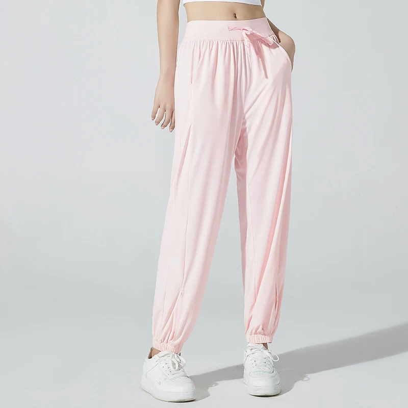 Spring Autumn Women's Solid Elastic High Waist Folds Shirring Pockets Drawstring Casual Harlan Lantern Trousers Elegant Pants