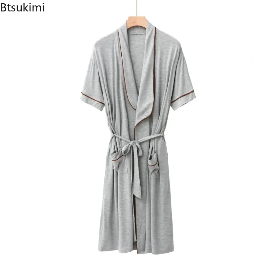2024 Men's Plus Size Home Clothes Short-sleeved Cardigan Mid-length Men Kimono Bathrobe with Belt Drapey Pajamas Bathrobe Male