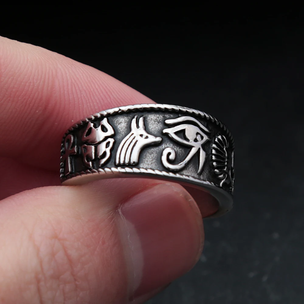 ELFASIO Egyptian Symbol Ring - Stainless Steel Eye Of Horus Ankh Band | Egypt Jewelry For Men & Women
