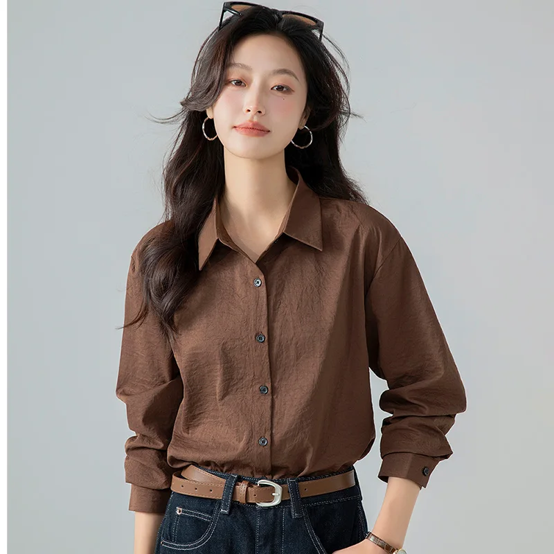 New Women'S Spring Autumn Loose Versatile Commuter Casual Top Simple Solid Color Professional Base Collar Long Sleeve Shirt Lady