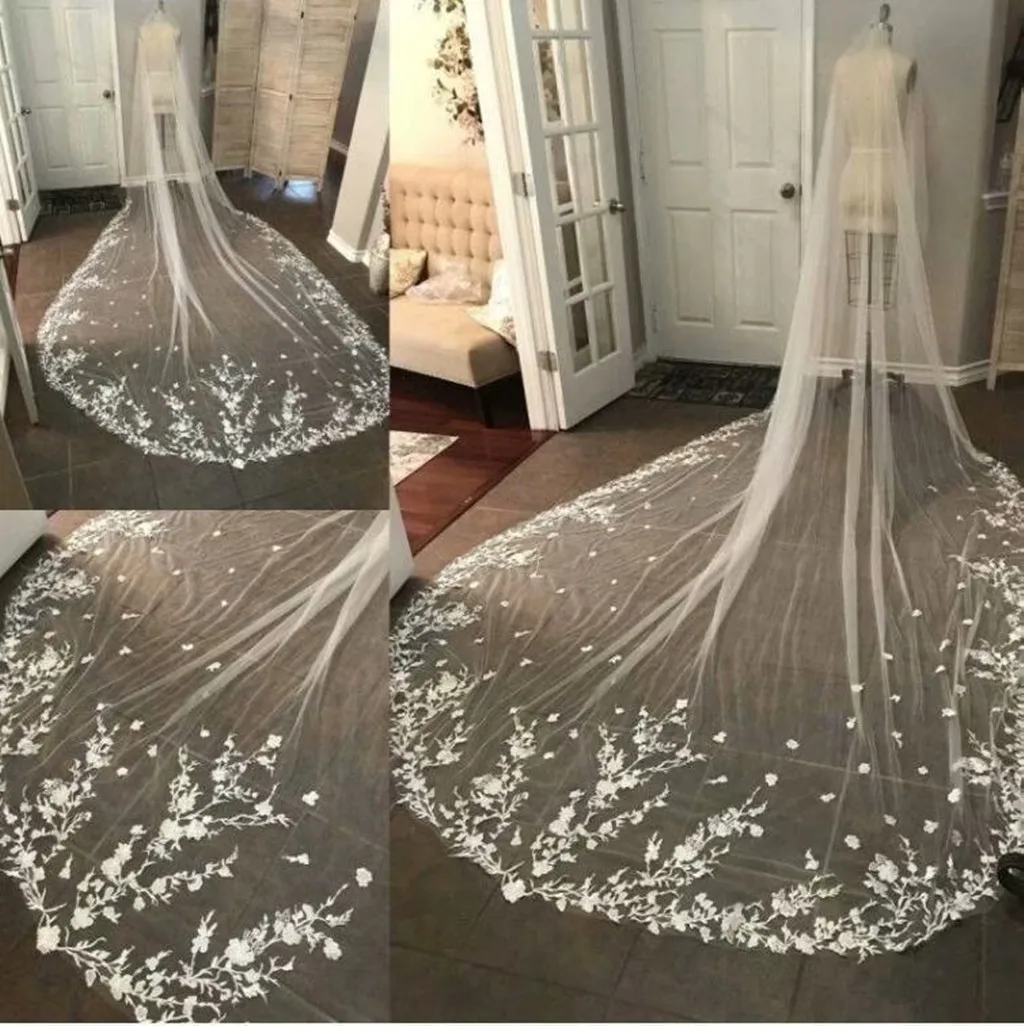 

Real Images Bridal Veils 3 Meters Cathedral Length Luxurious Wedding Wraps Custom White Ivory Lace Applique Edge With Combs