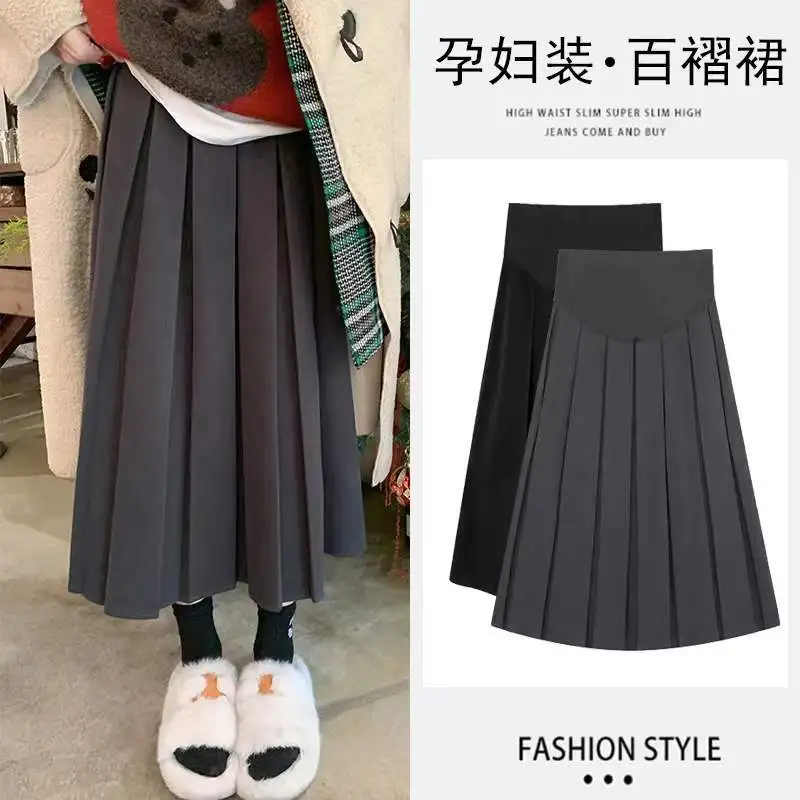 spring fashion pregnant women leisure midi skirts high waist maternity belly skirts long slim pregnancy pleated
