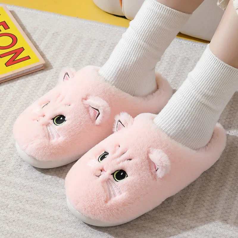 New Winter Women Lovely Cat Plush Slippers Warm Shoes Slides Cute Cartoon Cat Fuzzy Shoes Men Non-slip Home Cotton Slippers