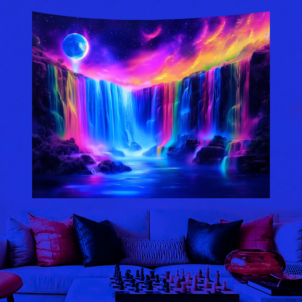 

Flowing Colorful Waterfall Tapestry, Galaxy Mountain Nature Landscape UV Reactive Art Poster for Dorm Living Room Hippie Decor