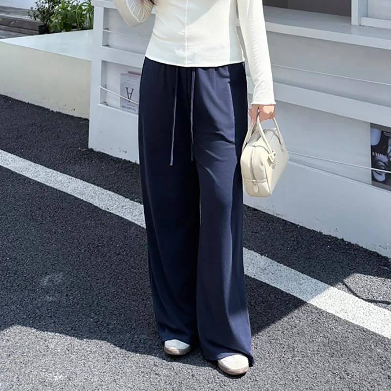 Fashion Plus Size Women's Wide Leg Pants Soft Premium double-layer Drawstring Waist Casual Navy Blue Trousers Autumn