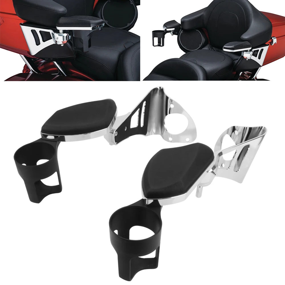 

Rear Passenger Armrests Motorcycle Drink Bottle Cup Holder Kit For Harley Touring CVO Road Glide Ultra Glides Electra 2014-2022